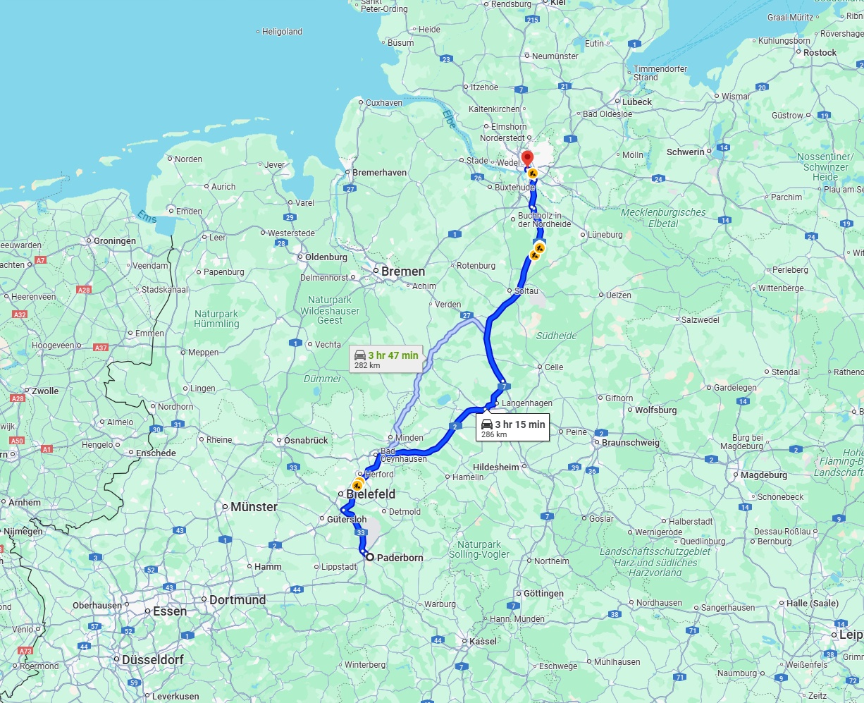 Anreise von Paderborn Zu Hamburg Über via A2 and A7