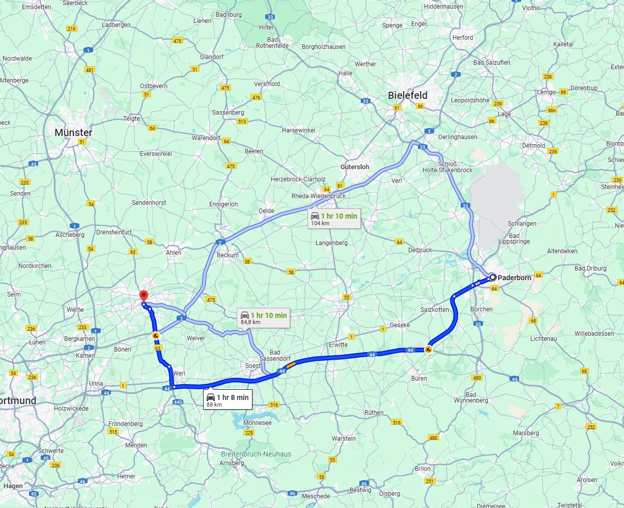 Anreise von Paderborn Zu Hamm Über via A44