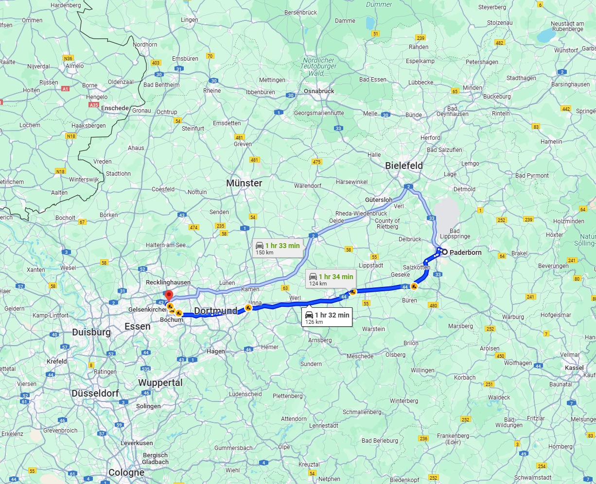 Anreise von Paderborn Zu Herne Über via A44