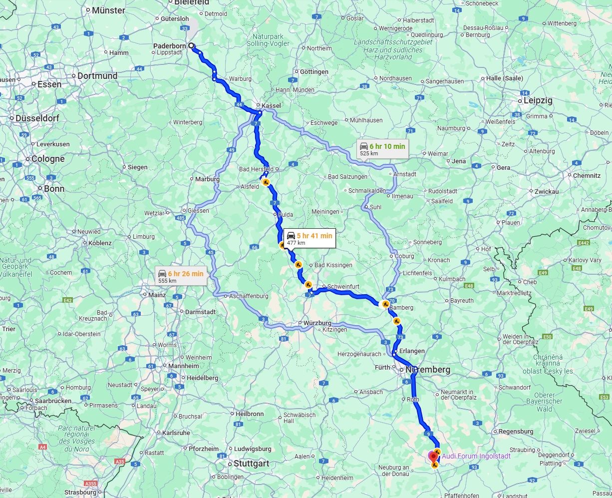 Anreise von Paderborn Zu Ingolstadt Über via A7