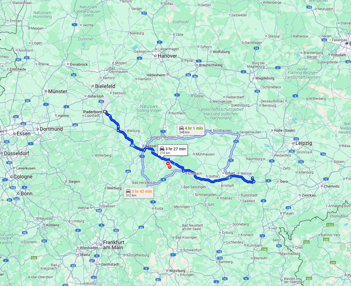 Anreise von Paderborn Zu Jena Über via A44 and A4
