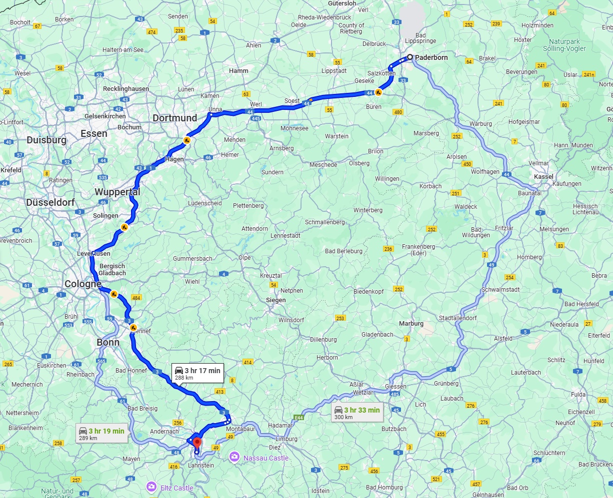 Anreise von Paderborn Zu Koblenz Über via A1 and A3