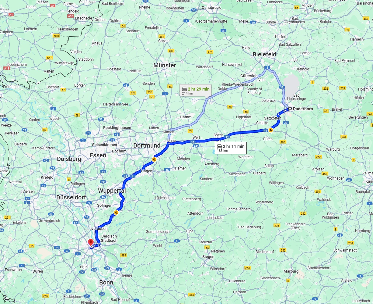 Anreise von Paderborn Zu Köln Über via A44 and A1