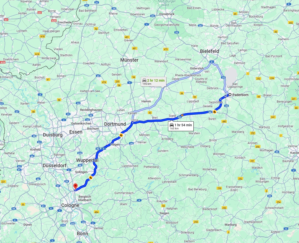 Anreise von Paderborn Zu Leverkusen Über via A44 and A1