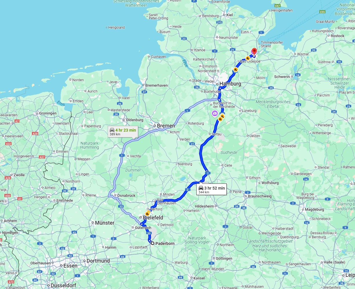 Anreise von Paderborn Zu Lübeck Über via A2 and A7