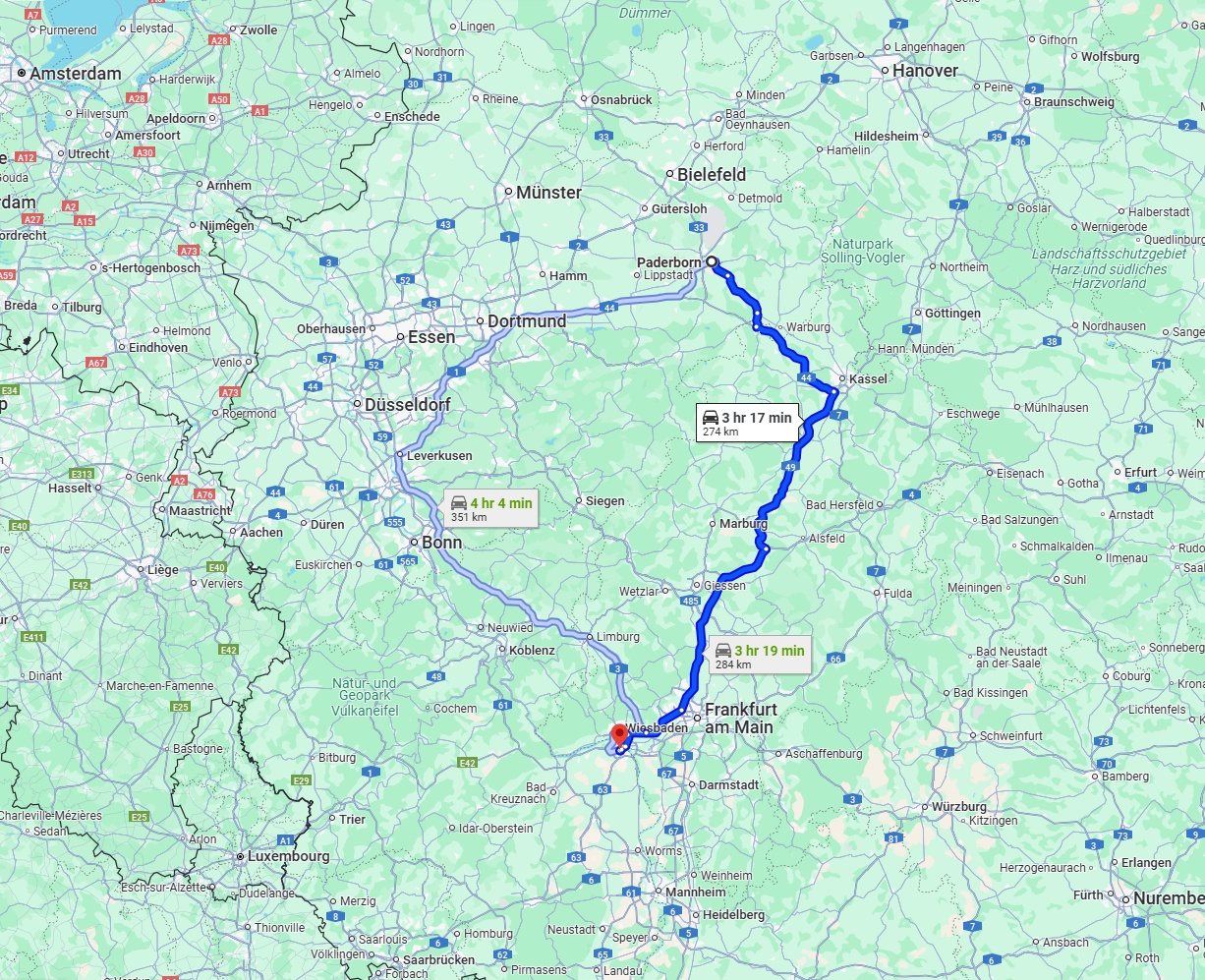 Anreise von Paderborn Zu Mainz Über via A49 and A5