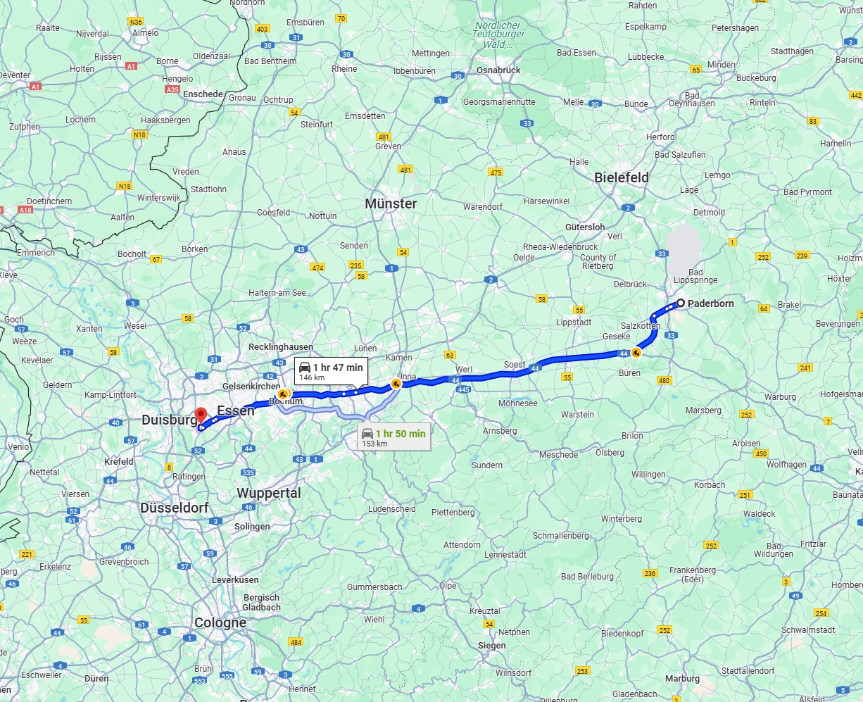 Anreise von Paderborn Zu Mülheim an der Ruhr Über via A44 and A40