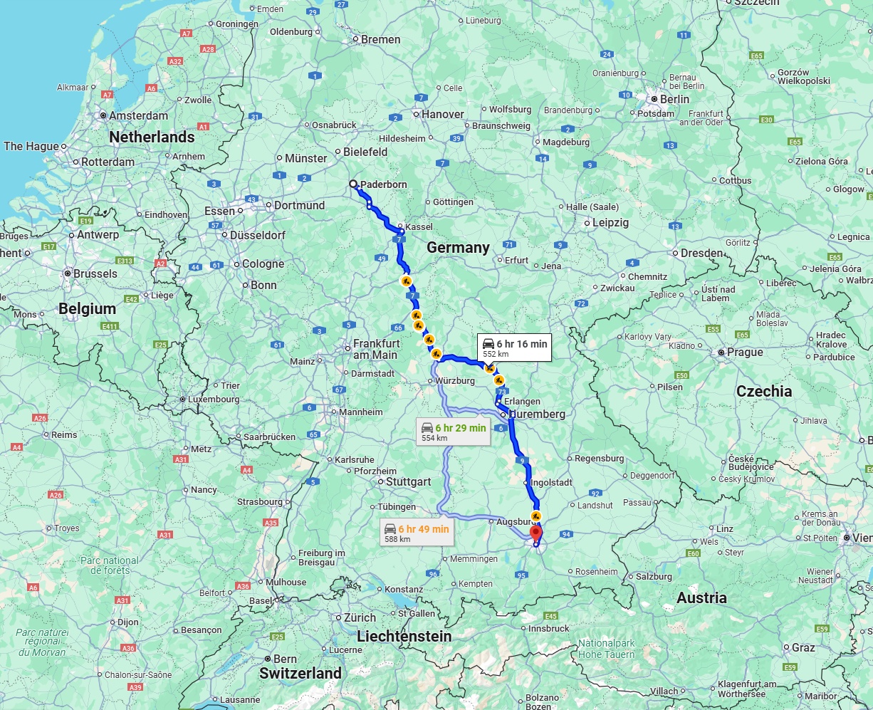 Anreise von Paderborn Zu München Über via A7 and A9
