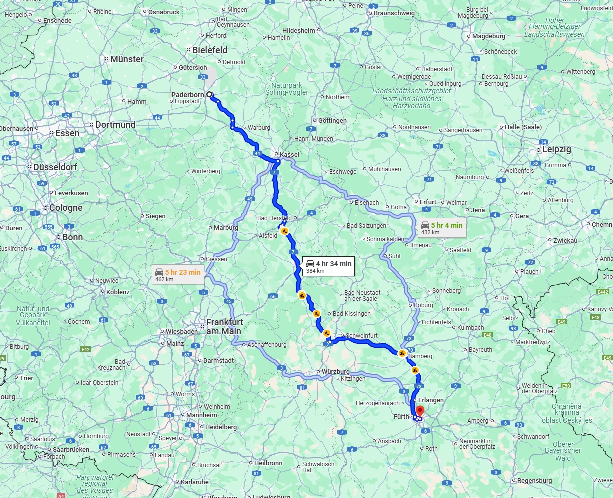 Anreise von Paderborn Zu Nürnberg Über via A7