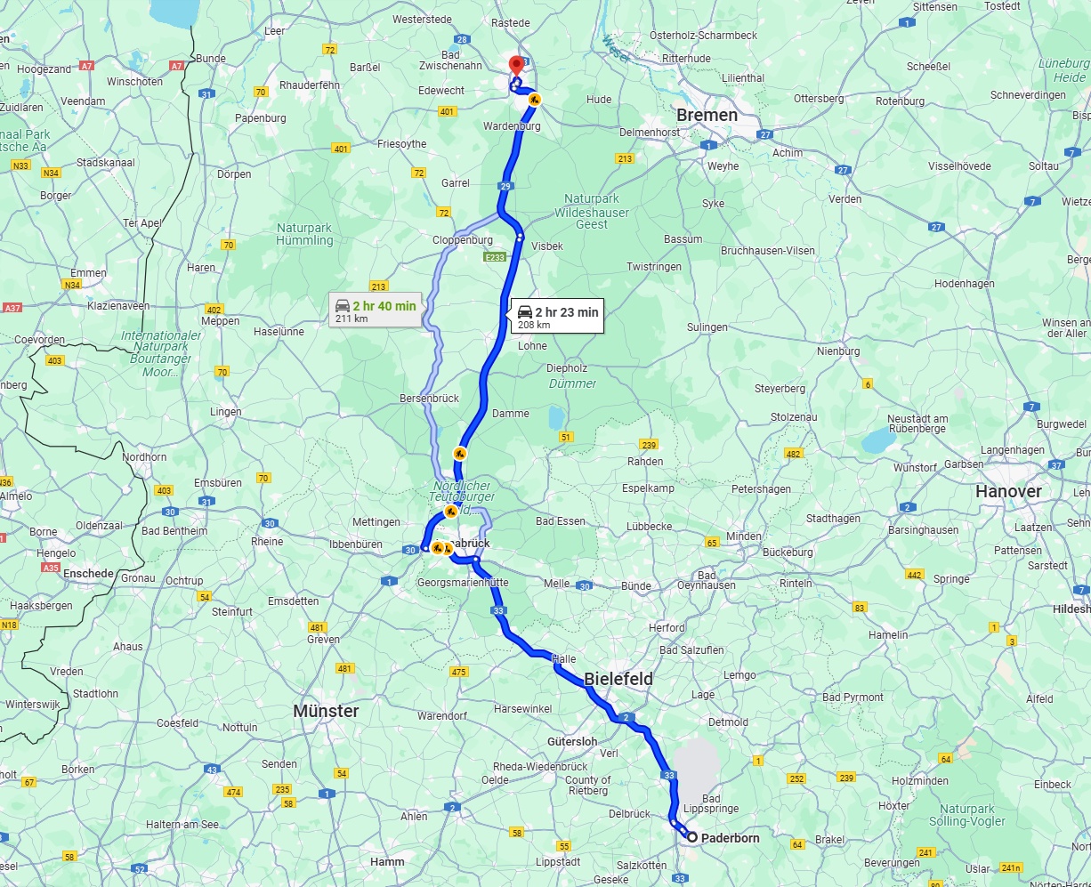Anreise von Paderborn Zu Oldenburg Über via A33 and A1