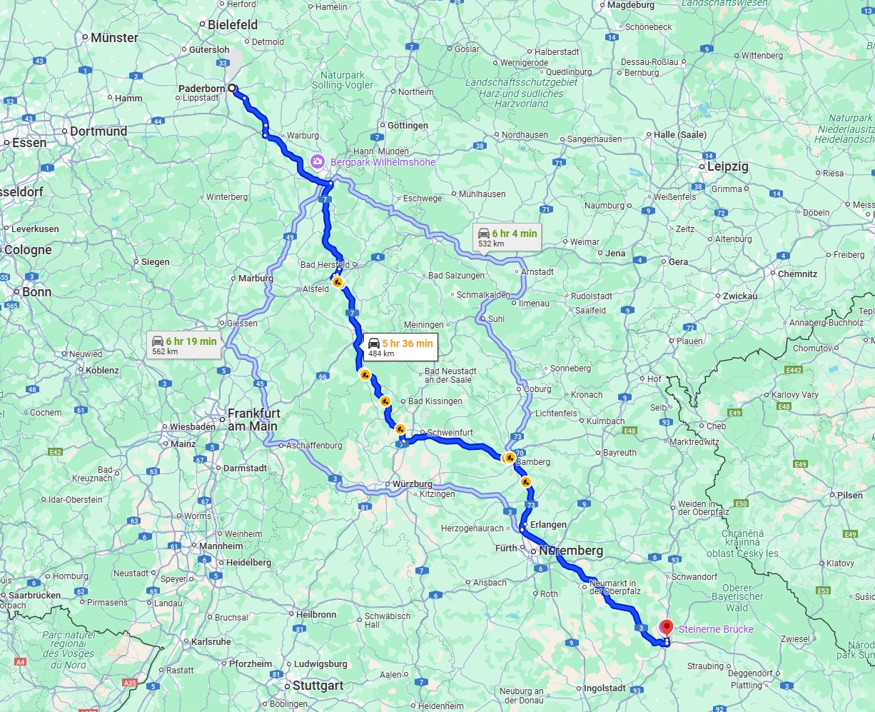 Anreise von Paderborn Zu Regensburg Über via A7
