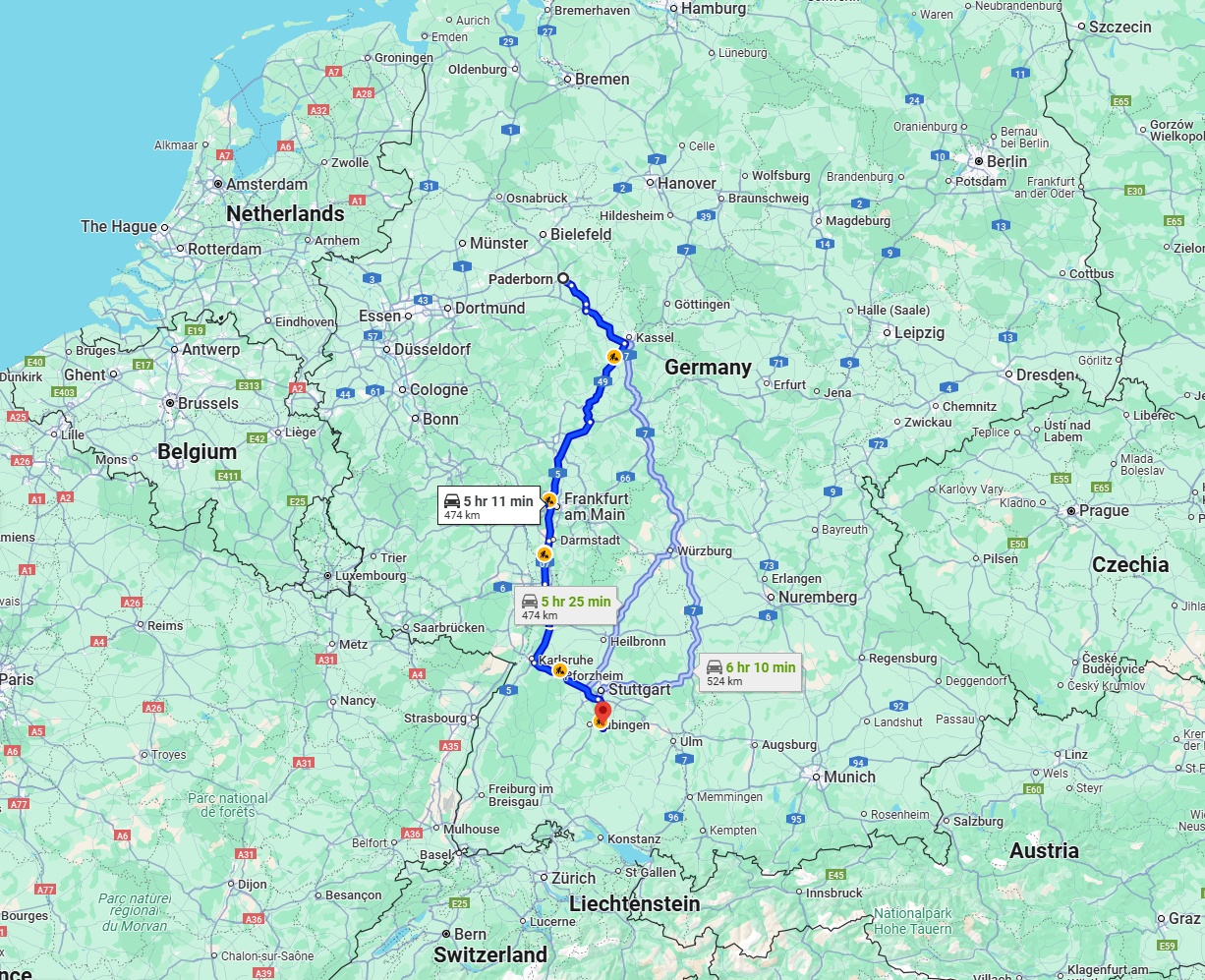 Anreise von Paderborn Zu Reutlingen Über via A5