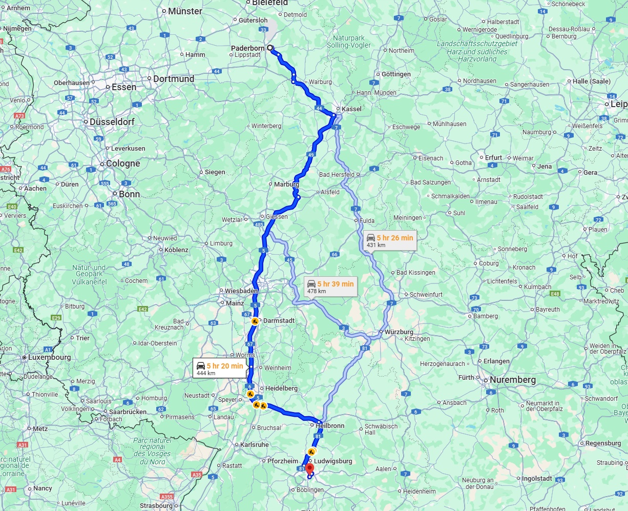 Anreise von Paderborn Zu Stuttgart Über via A5