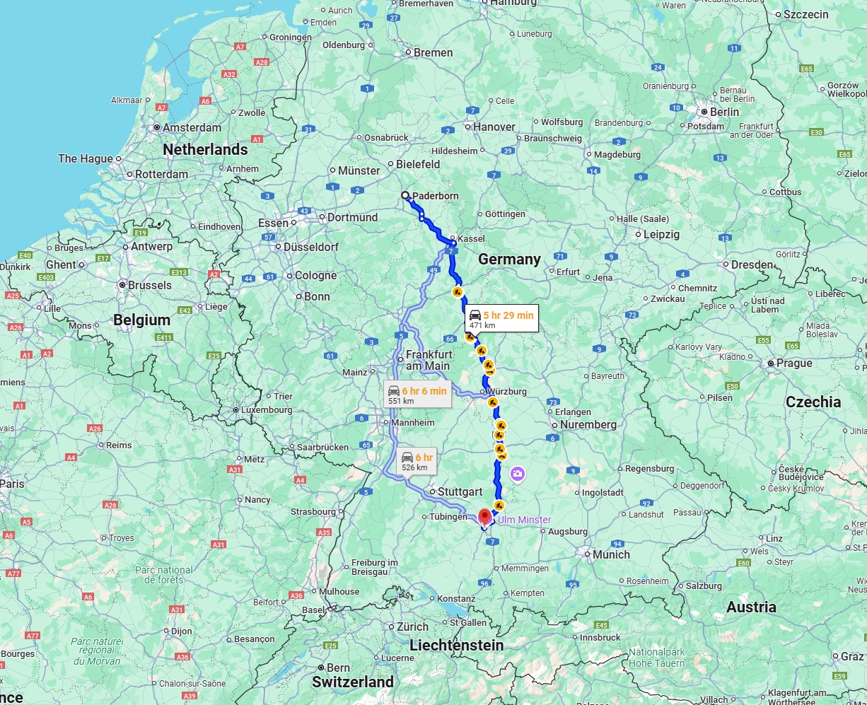 Anreise von Paderborn Zu Ulm Über via A7