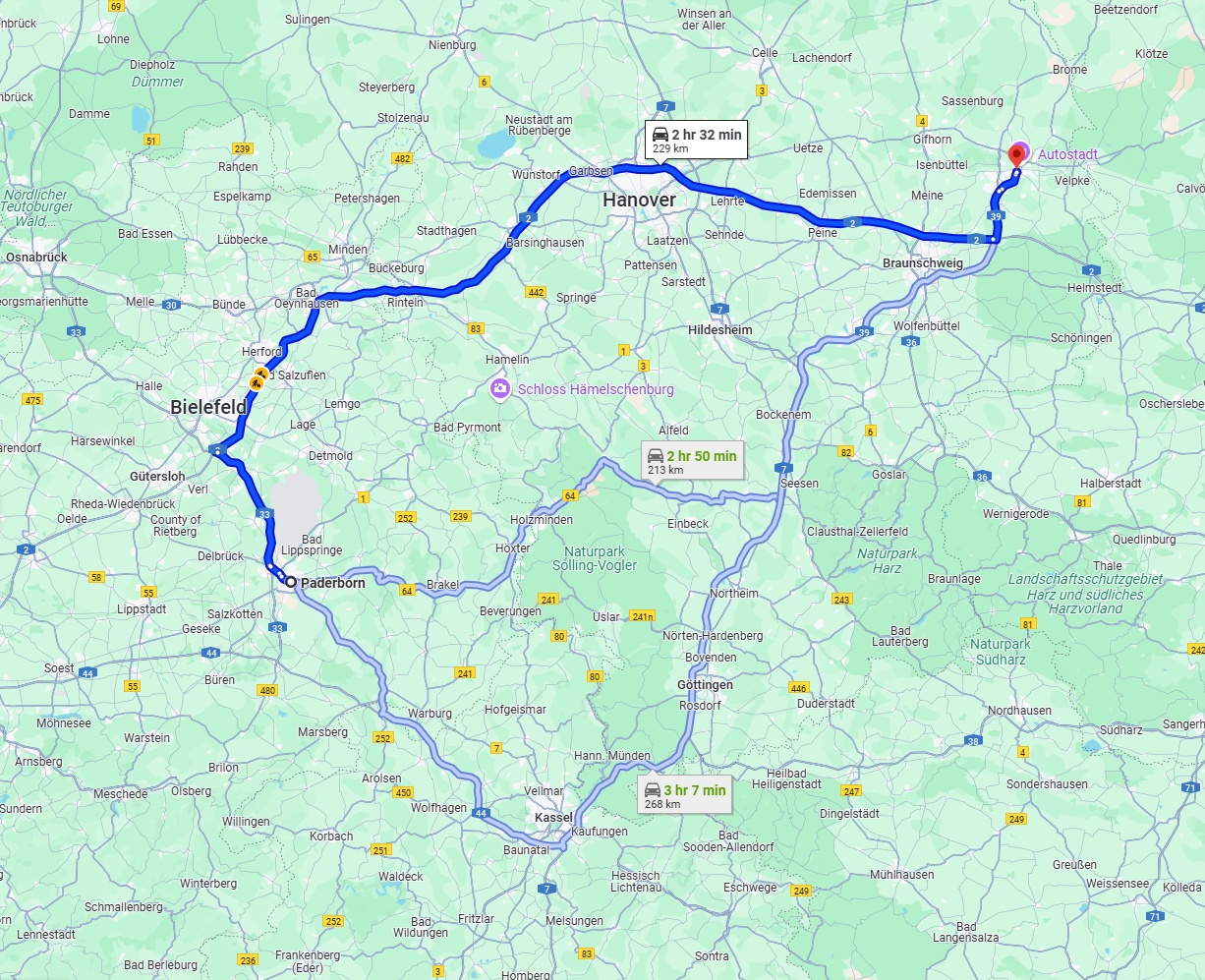 Anreise von Paderborn Zu Wolfsburg Über via A2