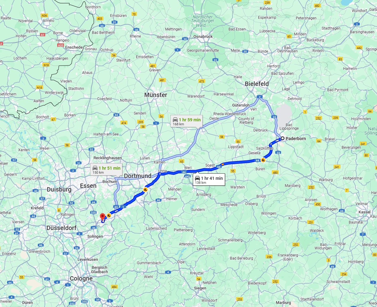 Anreise von Paderborn Zu Wuppertal Über via A44 and A1