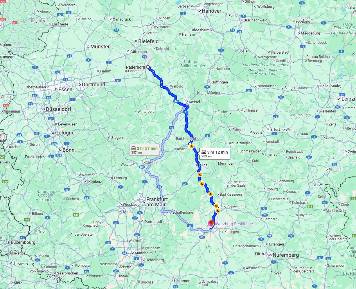 Anreise von Paderborn Zu Würzburg Über via A7