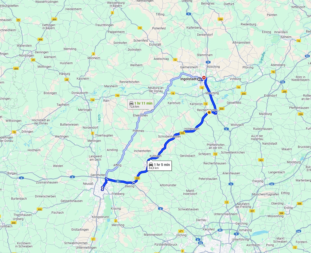 Anreise von Ingolstadt Zu Augsburg Über via B300