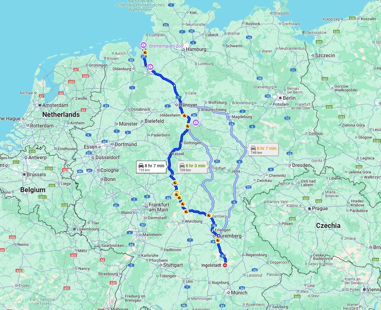 Anreise von Ingolstadt Zu Bremerhaven Über via A7