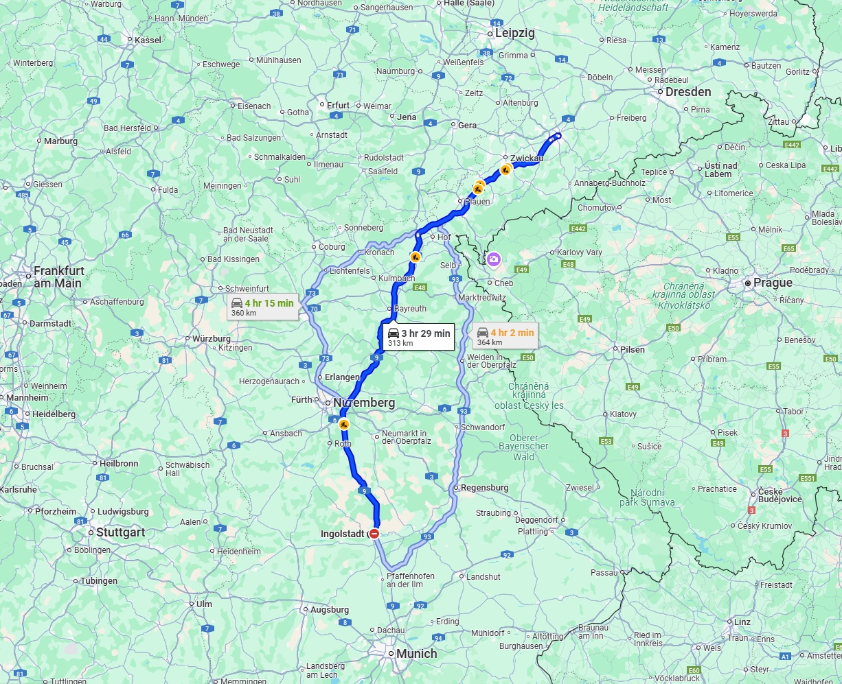 Anreise von Ingolstadt Zu Chemnitz Über via A9 and A72
