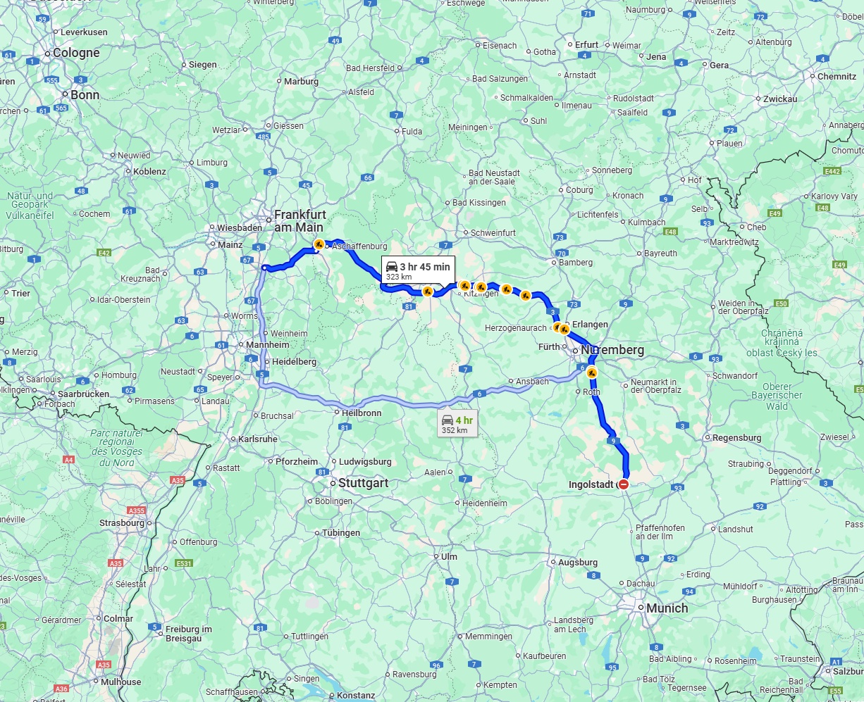 Anreise von Ingolstadt Zu Darmstadt Über via A9 and A3