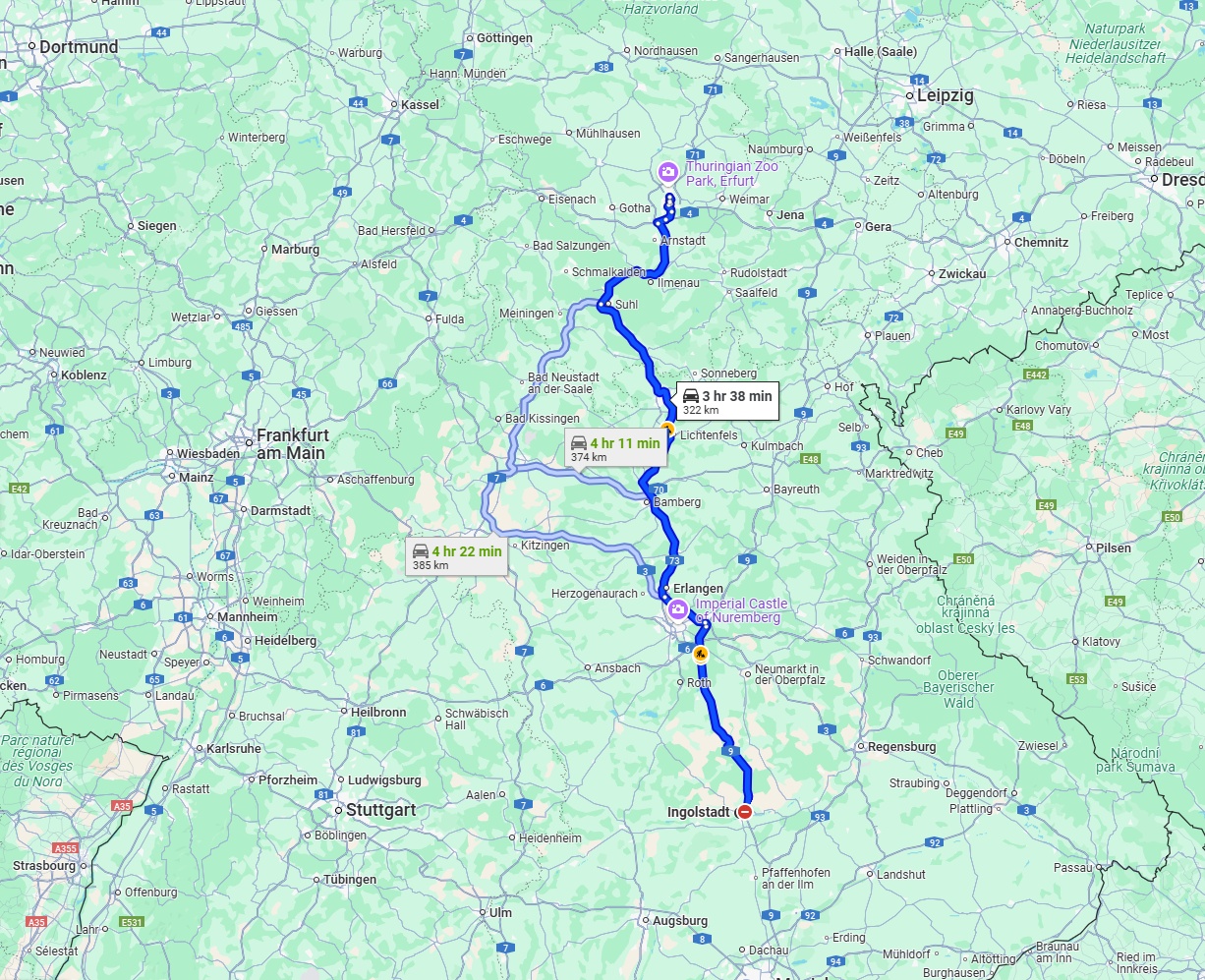 Anreise von Ingolstadt Zu Erfurt Über via A9 and A73