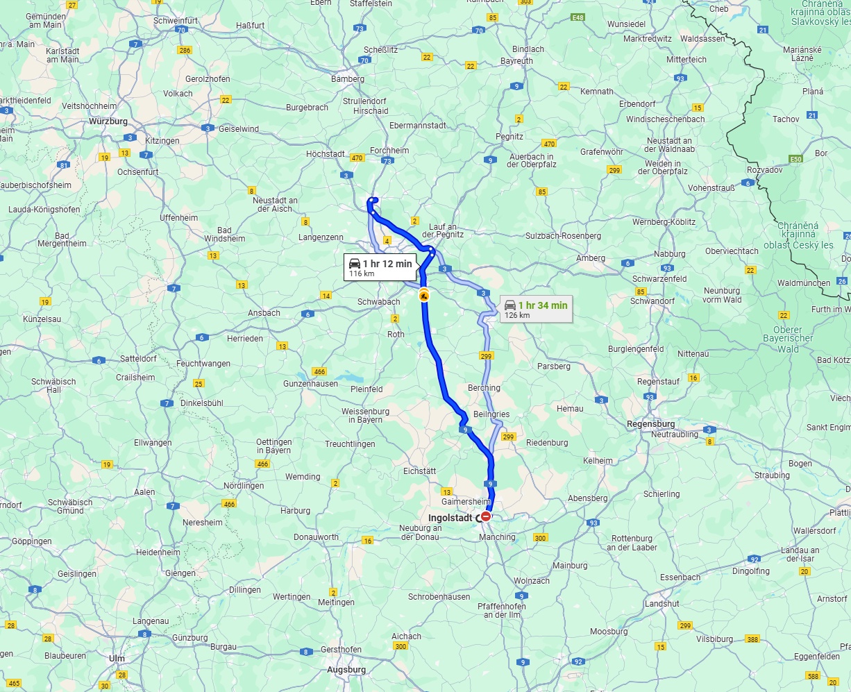 Anreise von Ingolstadt Zu Erlangen Über via A9