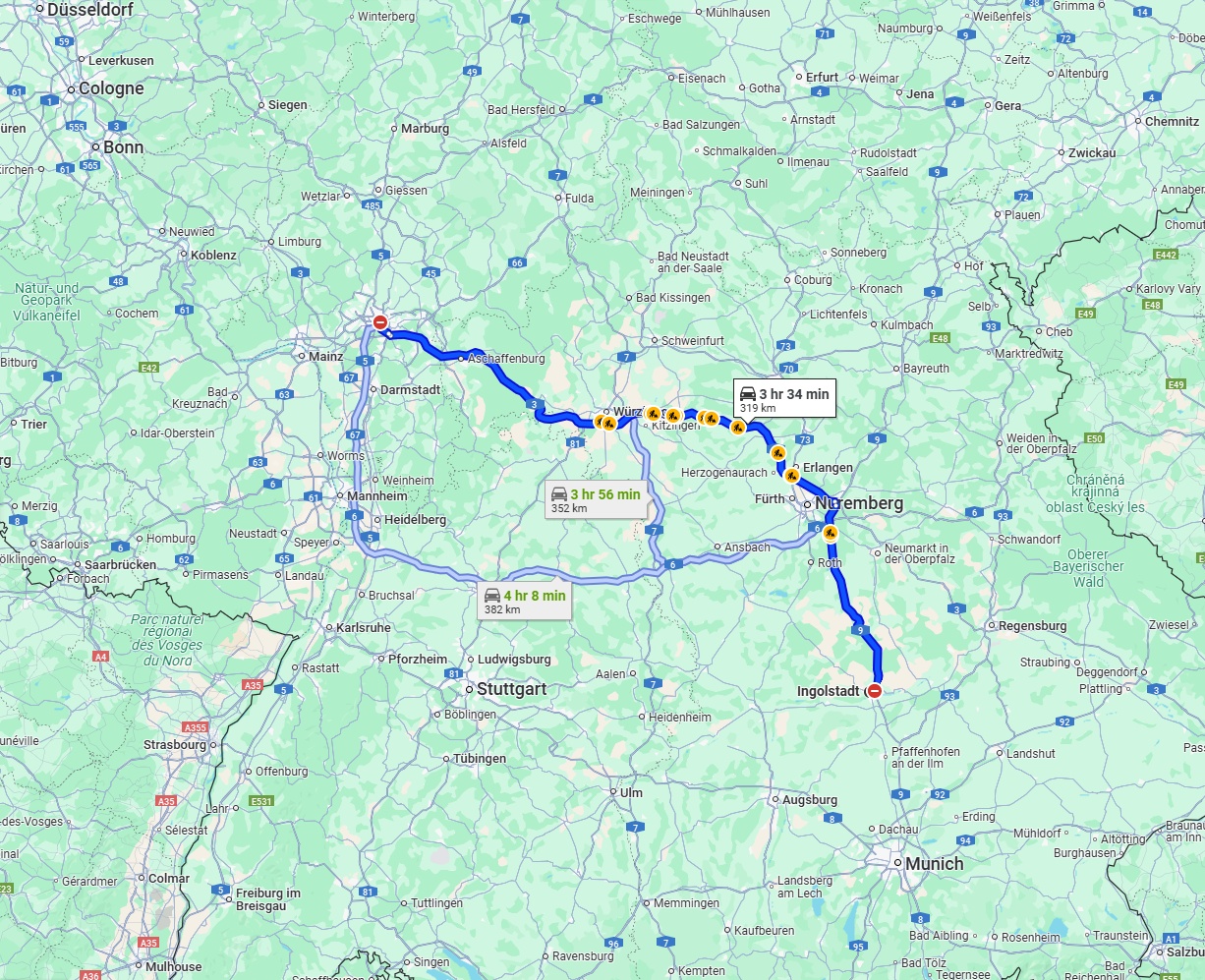 Anreise von Ingolstadt Zu Frankfurt am Main Über via A9 and A3