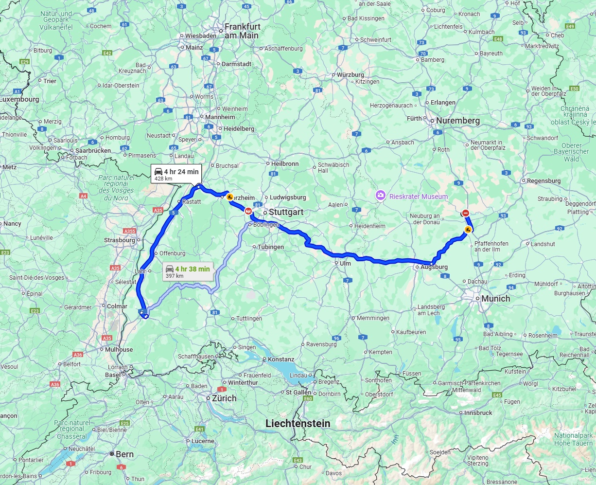 Anreise von Ingolstadt Zu Freiburg im Breisgau Über via A8 and A5