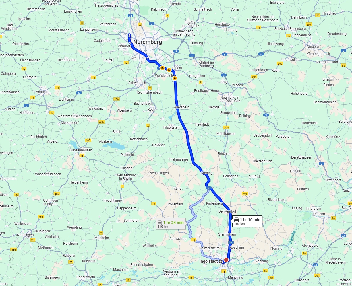 Anreise von Ingolstadt Zu Fürth Über via A9