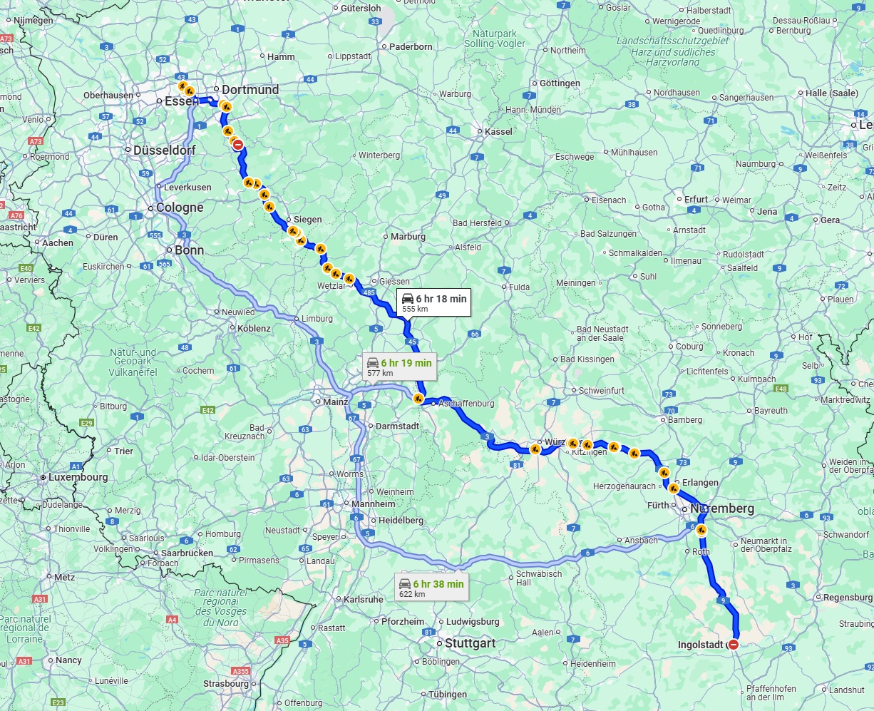 Anreise von Ingolstadt Zu Herne Über via A3 and A45