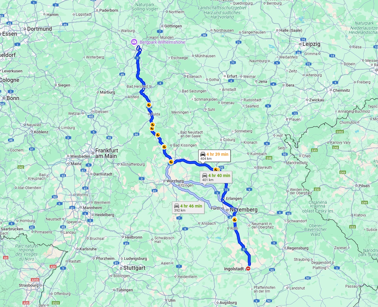 Anreise von Ingolstadt Zu Kassel Über via A7
