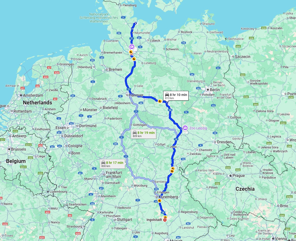 Anreise von Ingolstadt Zu Kiel Über via A9 and A7