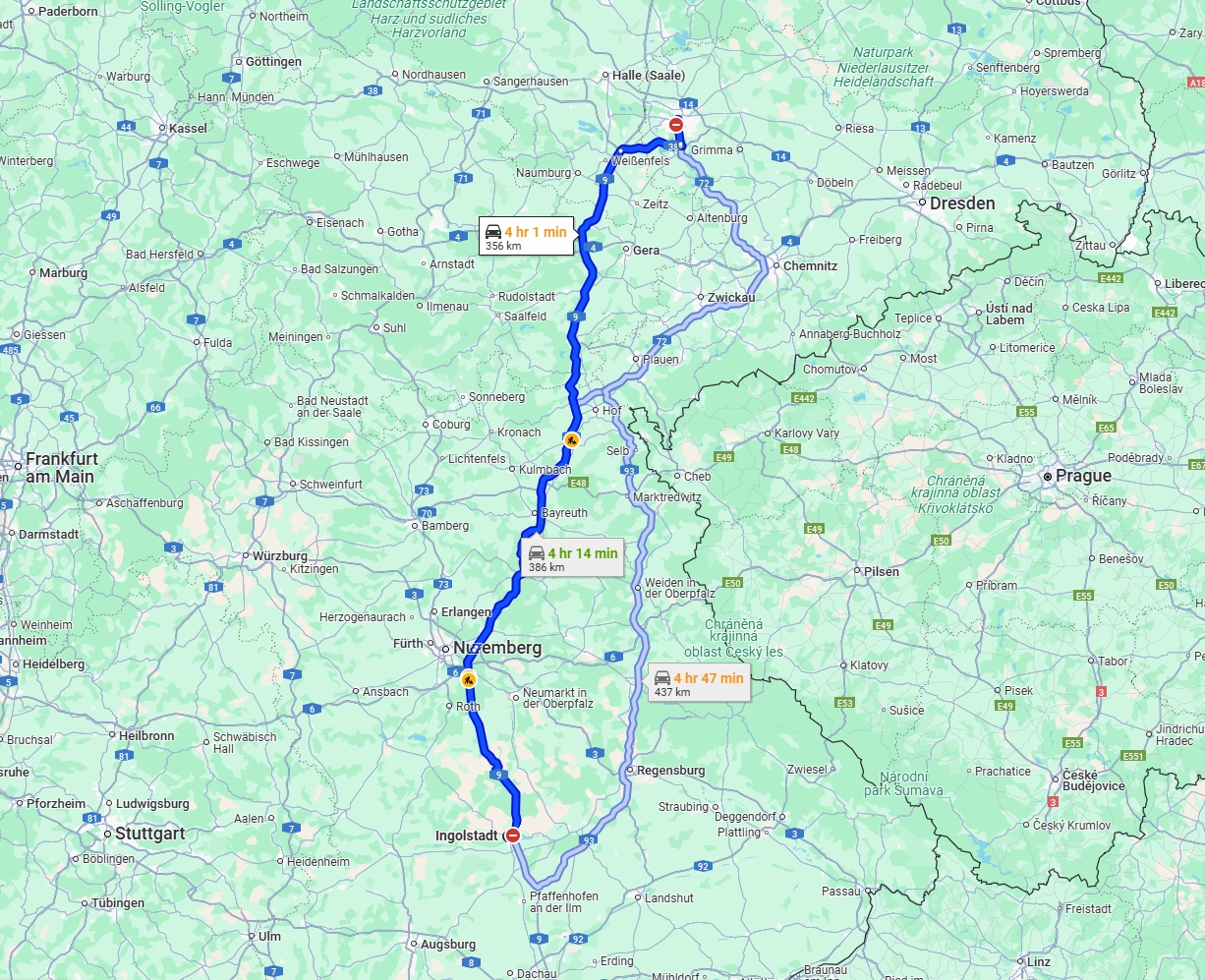 Anreise von Ingolstadt Zu Leipzig Über via A9