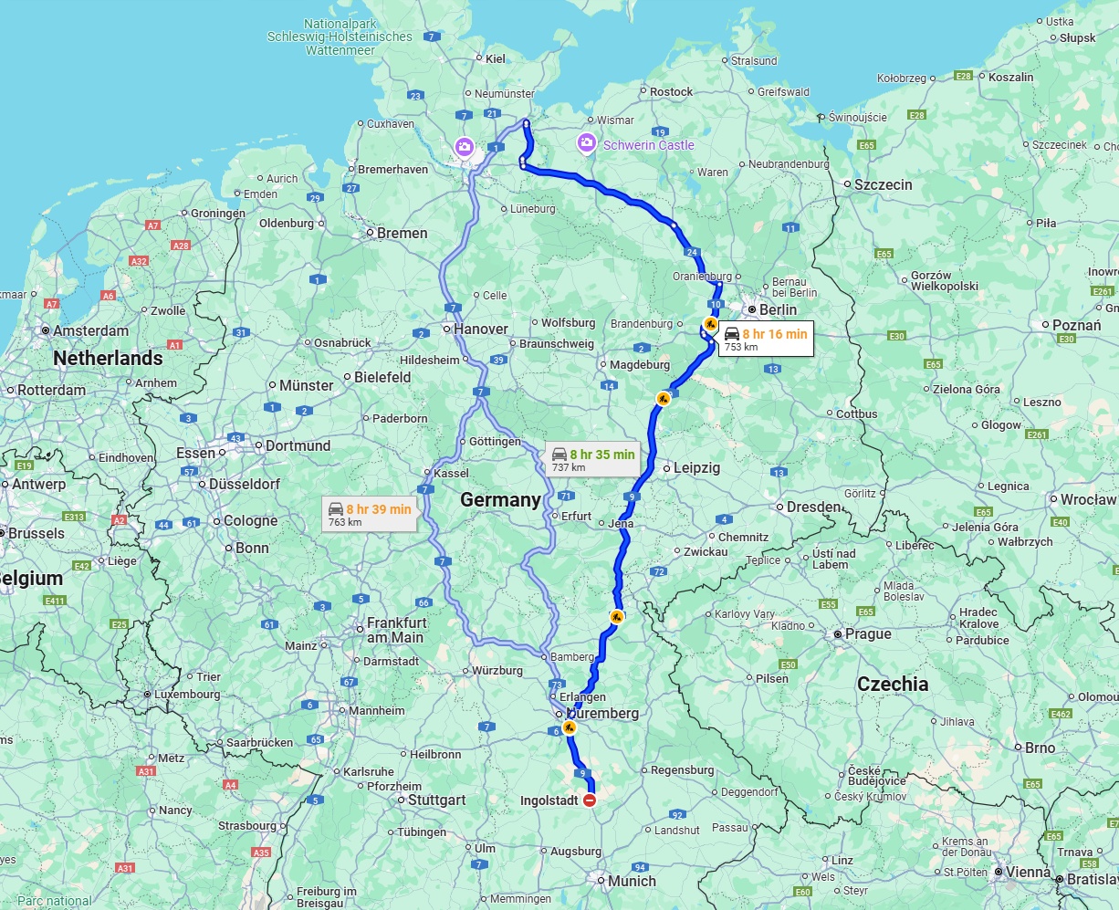 Anreise von Ingolstadt Zu Lübeck Über via A9 and A24