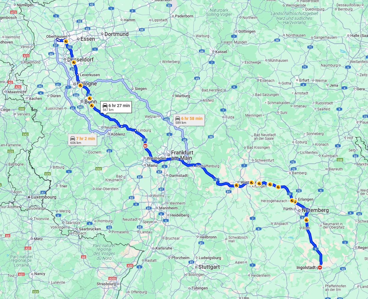 Anreise von Ingolstadt Zu Moers Über via A3