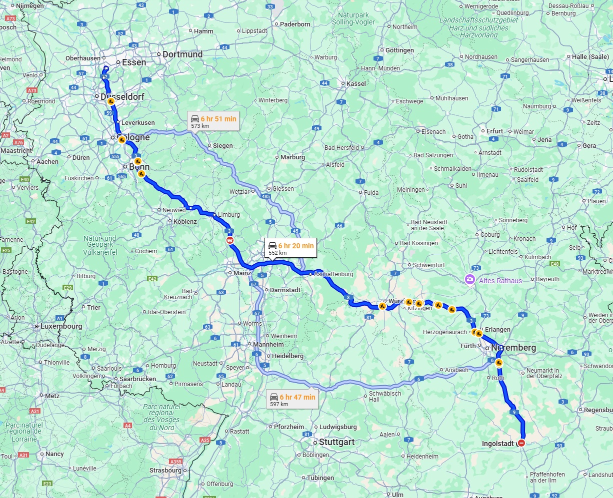 Anreise von Ingolstadt Zu Mülheim an der Ruhr Über via A3