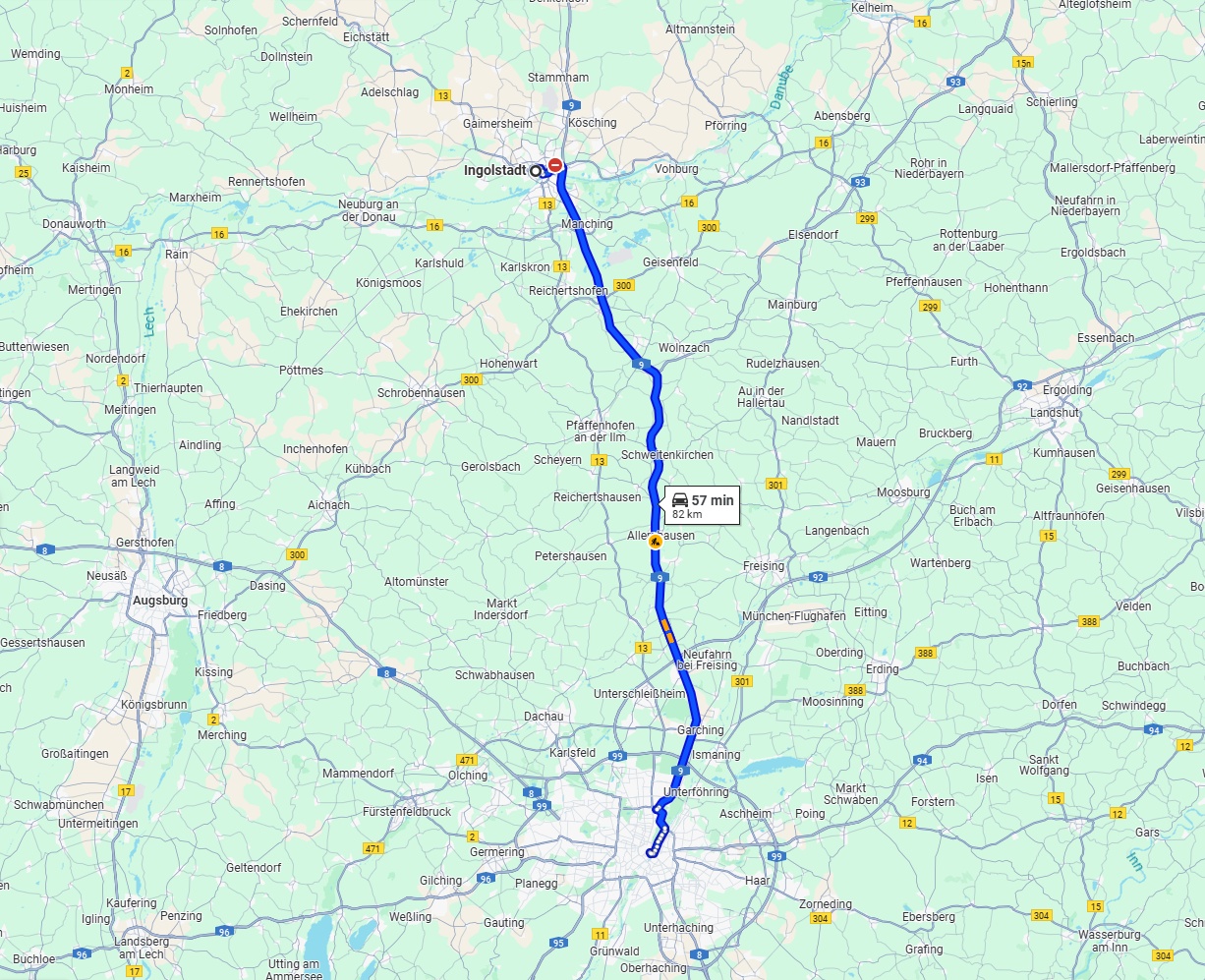 Anreise von Ingolstadt Zu München Über via A9