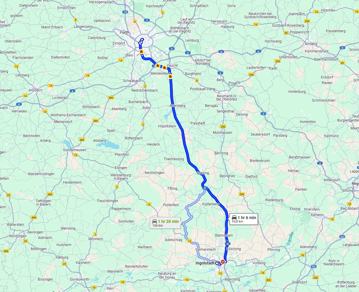 Anreise von Ingolstadt Zu Nürnberg Über via A9