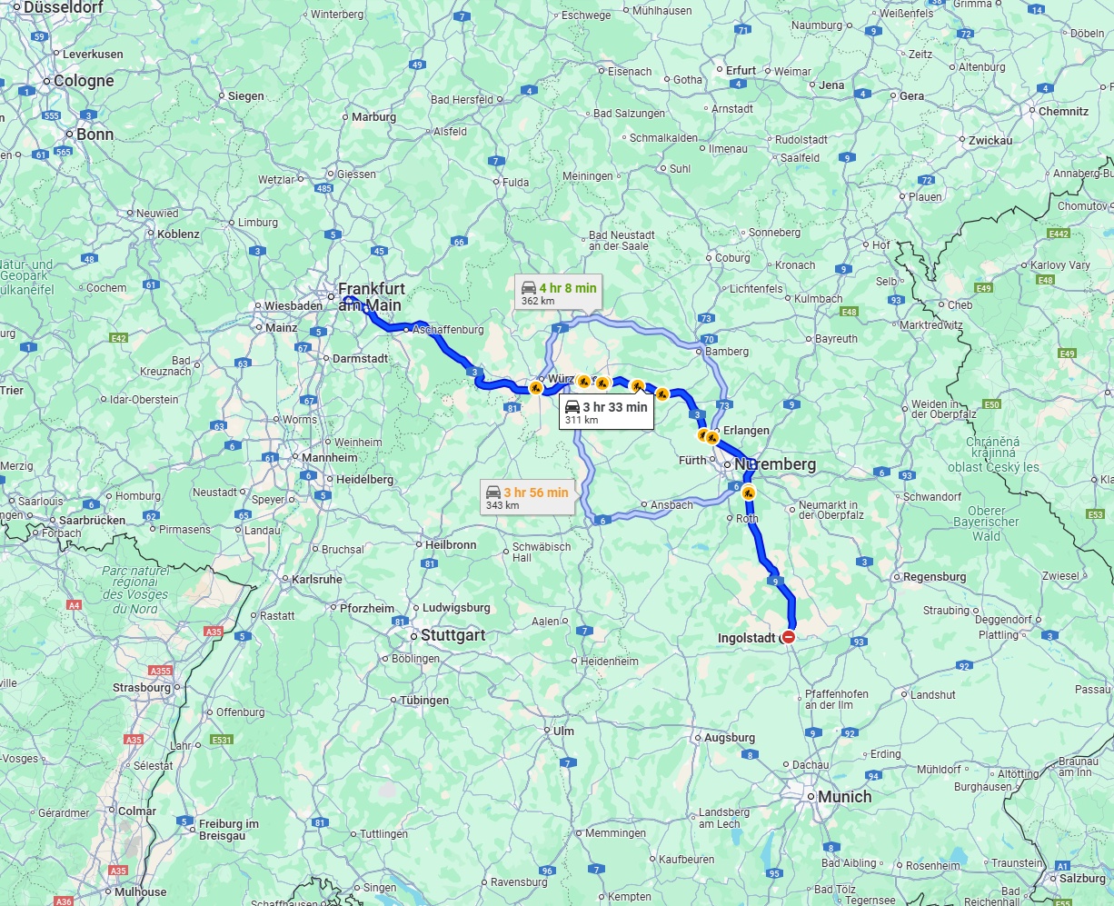 Anreise von Ingolstadt Zu Offenbach am Main Über via A9 and A3