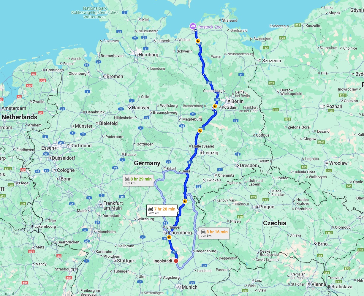Anreise von Ingolstadt Zu Rostock Über via A9