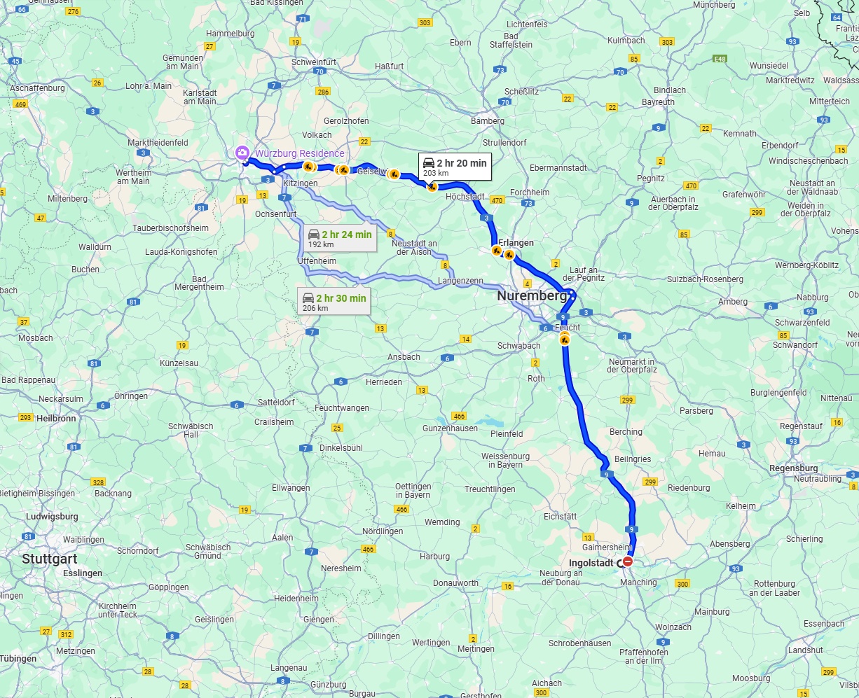 Anreise von Ingolstadt Zu Würzburg Über via A9 and A3