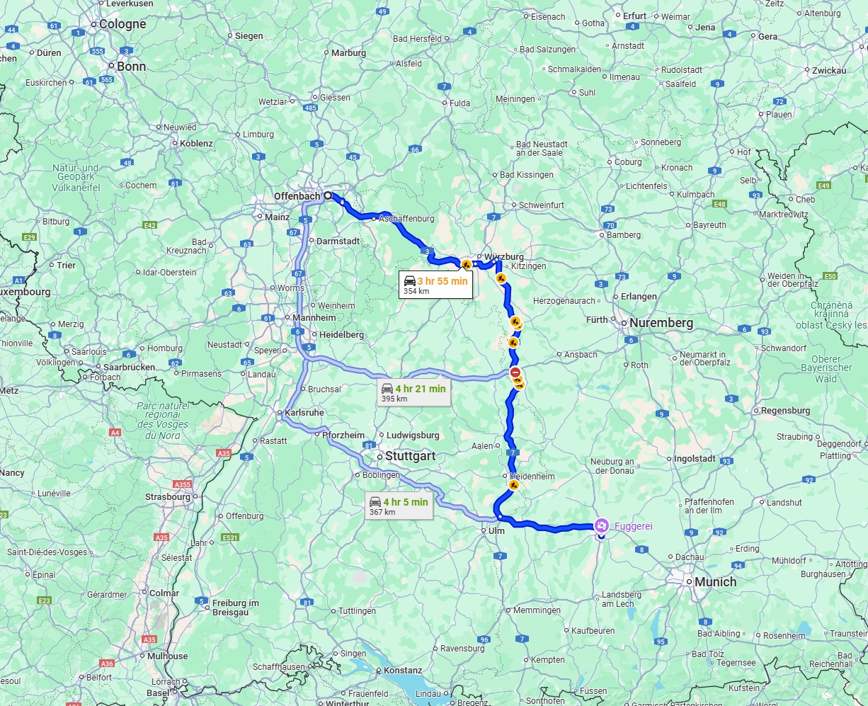 Anreise von Offenbach am Main Zu Augsburg Über via A3 and A7