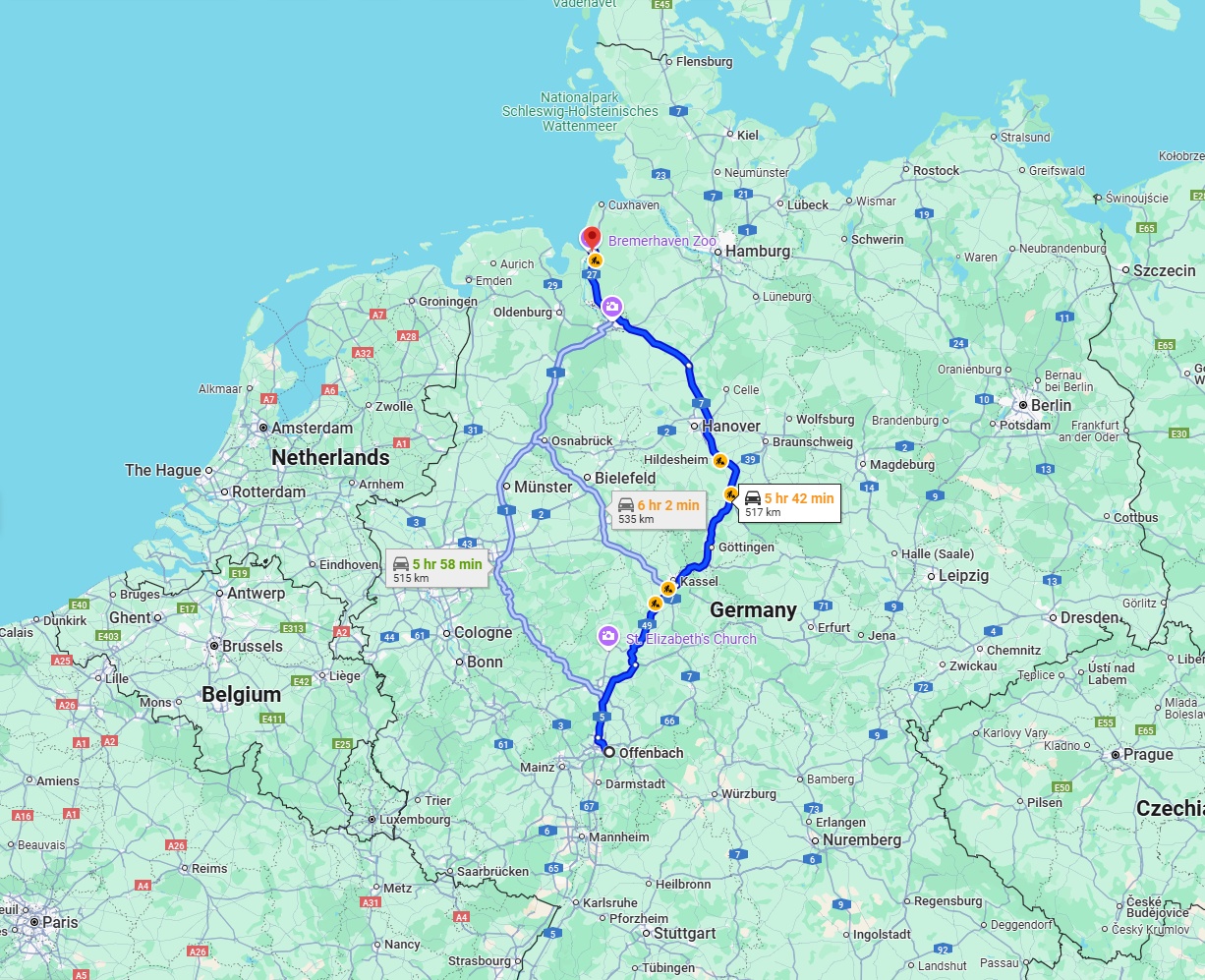Anreise von Offenbach am Main Zu Bremerhaven Über via A7
