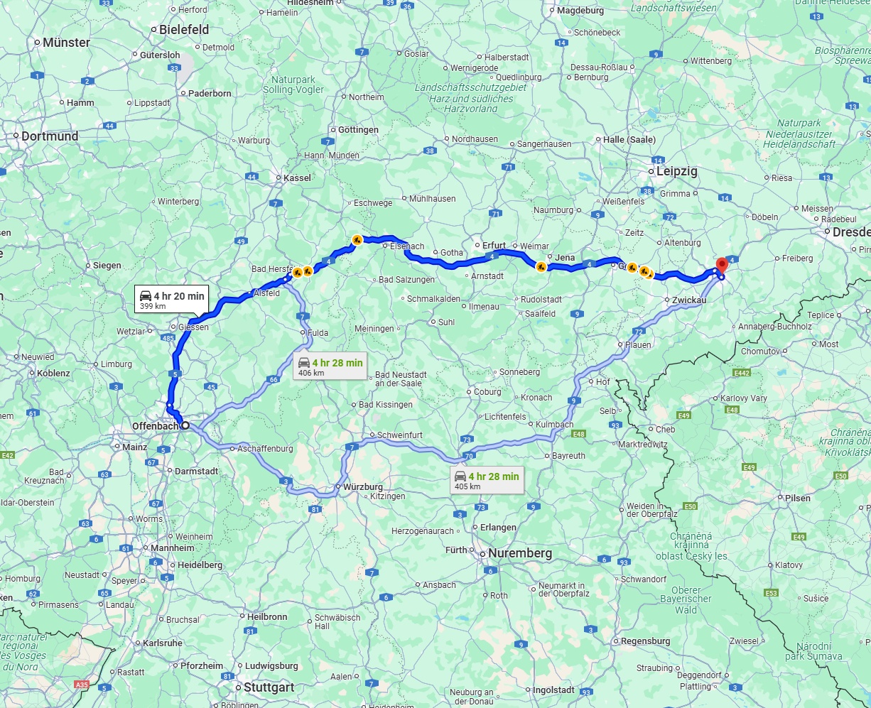 Anreise von Offenbach am Main Zu Chemnitz Über via A5 and A4
