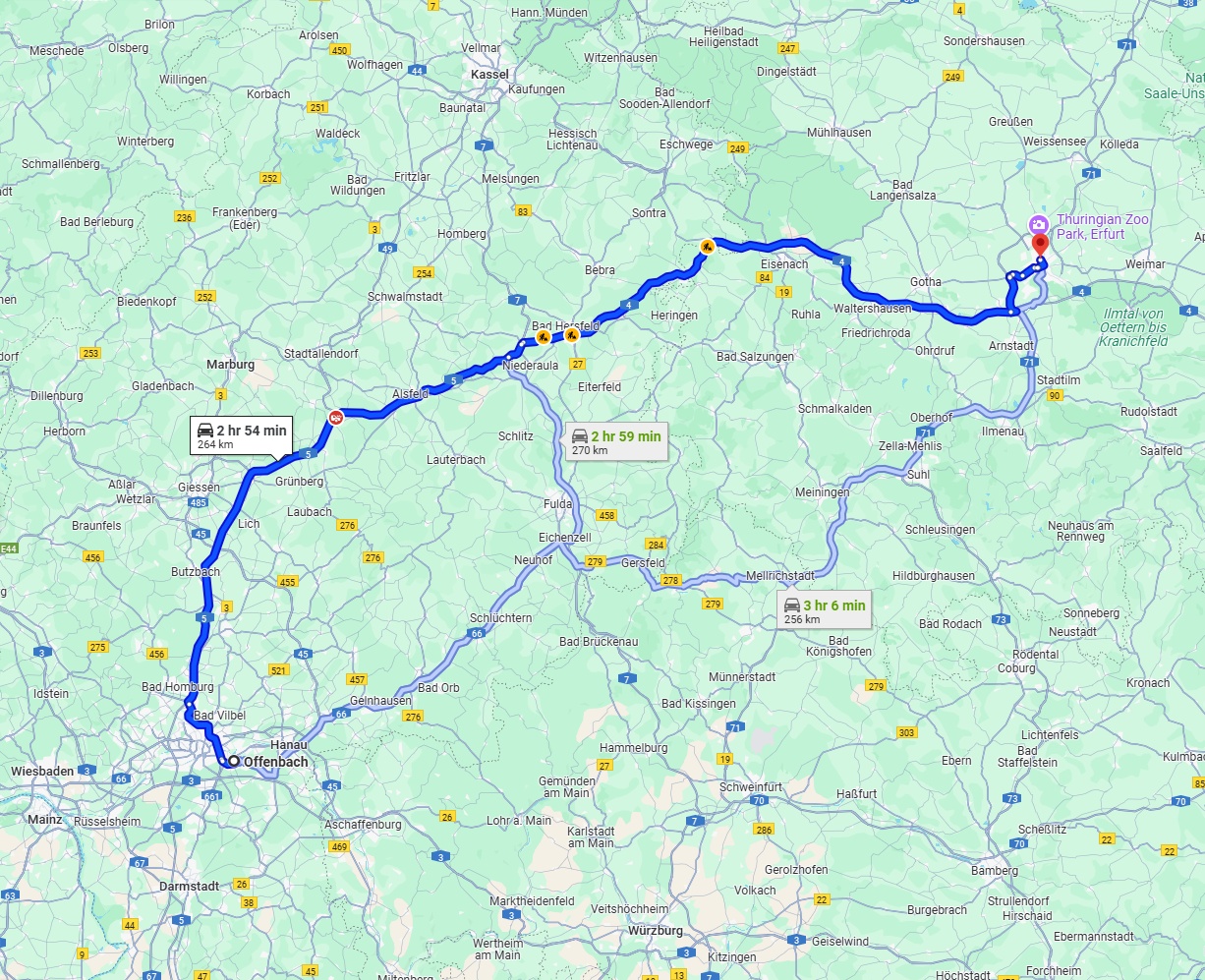 Anreise von Offenbach am Main Zu Erfurt Über via A5 and A4