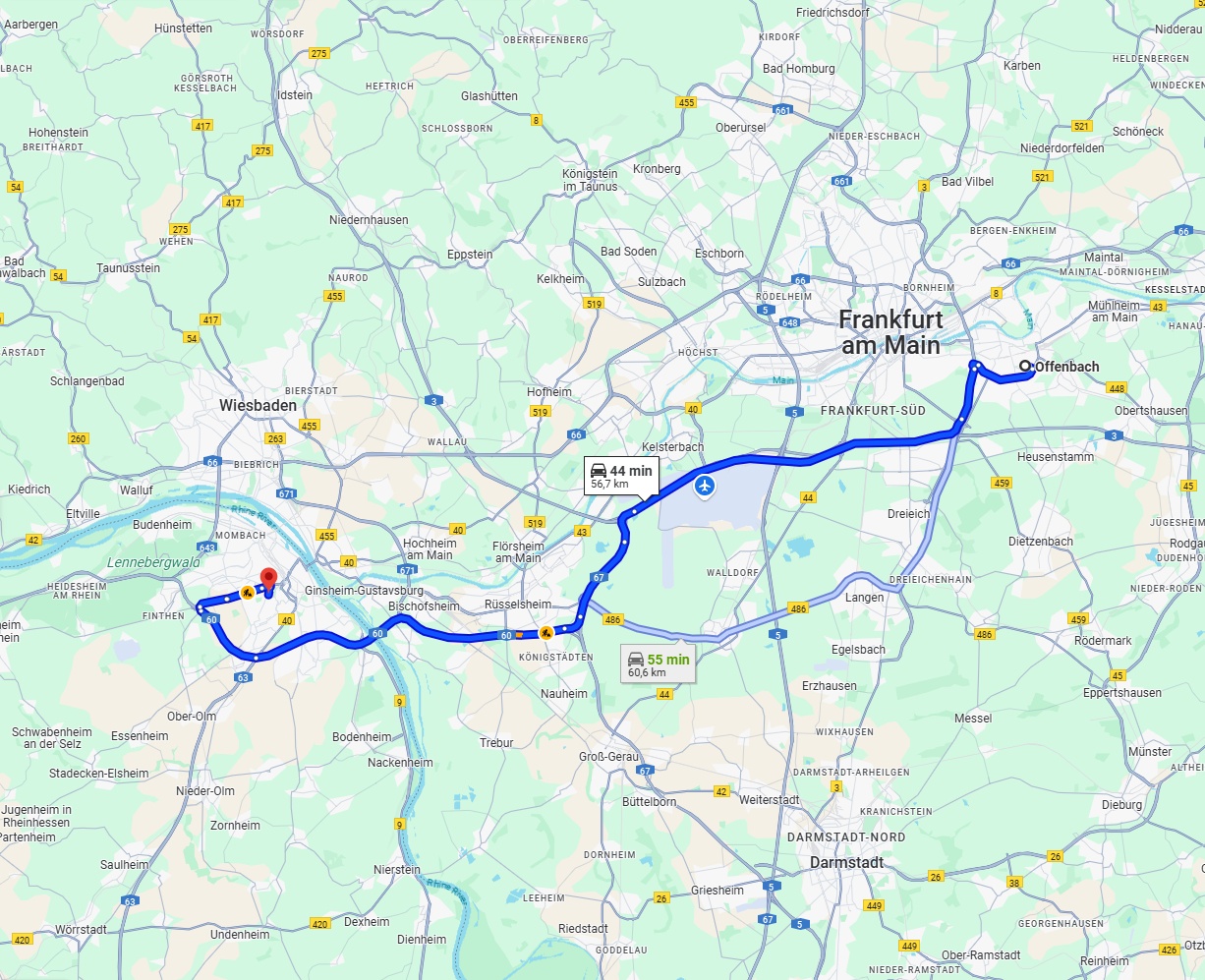 Anreise von Offenbach am Main Zu Mainz Über via A3 and A60