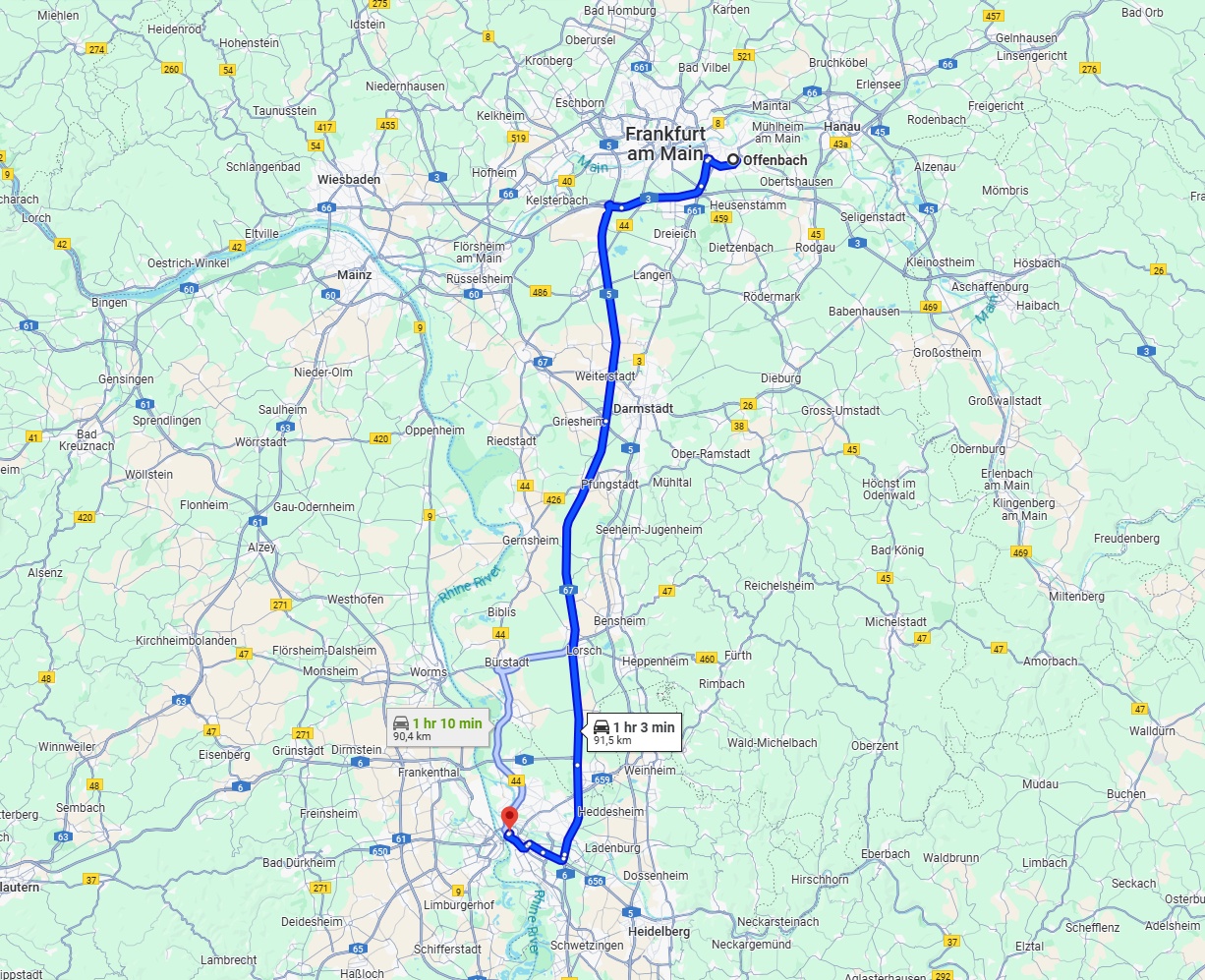 Anreise von Offenbach am Main Zu Mannheim Über via A67
