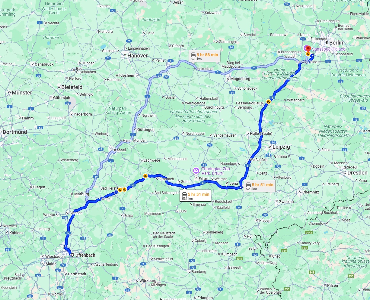 Anreise von Offenbach am Main Zu Potsdam Über via A4 and A9