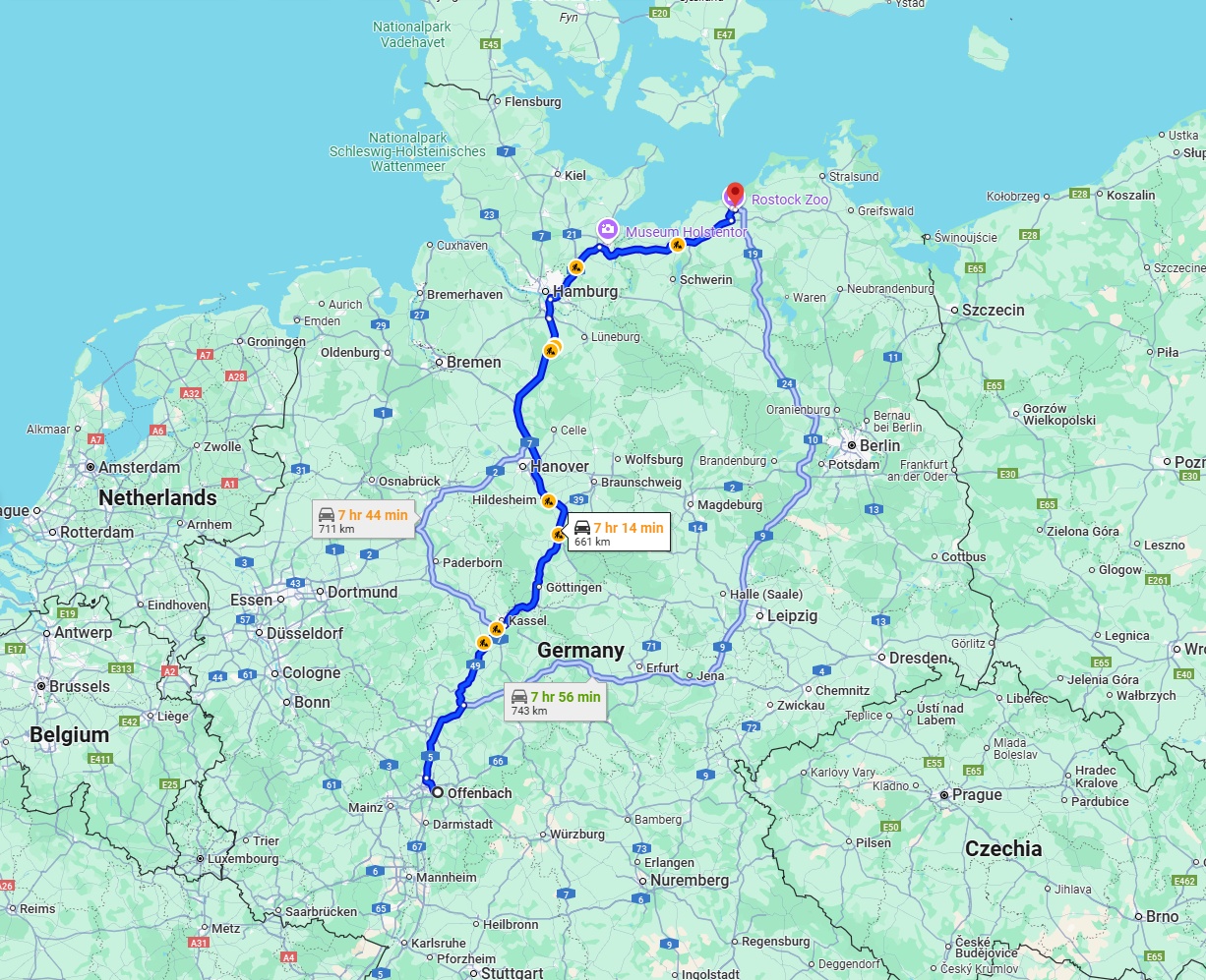 Anreise von Offenbach am Main Zu Rostock Über via A7